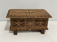 Vintage Antique Folk Art Carved Wood Small Trunk Form Keepsake Box picture