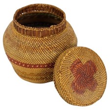 Antique Pacific Northwest Native American Makah Woven Bulbous Basket & Lid C1920 picture