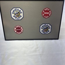 Vintage Chicago Police Fire Dept Patches Framed  Dimensions 21”x14.5” picture