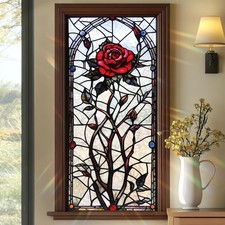 Gothic Rose Stained Glass Window Film 17.71x39.97 Inch Red Flower Static Cling W picture