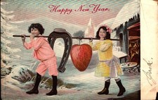 Antique  Postcard  Children Carrying A Horseshoe & Heart Happy New Year picture