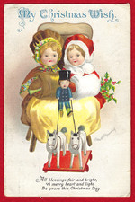 Vtg Clapsaddle Christmas Little Girls Horse Toy Driver Doll A/S Emb PC c1915 picture