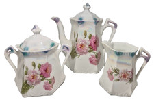 Obermann Germany Tea Set Vintage Porcelain Floral Lustre Teapot Sugar Creamer picture