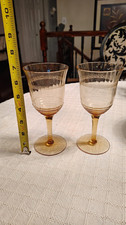 Set of 2 Amber Stemmed Wine Glasses Etched Band Decorated Glass 6in picture