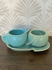 VTG German Art Deco Turquoise Ceramic Creamer Sugar Bowl Set Tray Mid Century MC picture