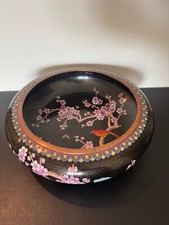 Vintage Chinese Jingfa Black Cloisonne Large Low Bowl w Bird & Floral Decoration picture