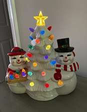 Illuminated Ceramic Christmas Tree Snowman Figurine Multicolor Lights picture