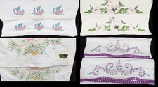 Embroidered pillowcases choice of set flowers in basket, purple crochet edge + picture