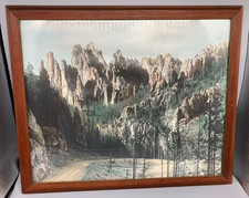 LARGE VINTAGE FRAMED HAND TINTED PHOTO OF THE NEEDLES CUSTER PARK SOUTH DAKOTA picture