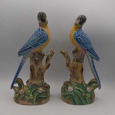 Andrea by Sadek 2 Blue/Yellow Parrots Birds Chinoiserie Porcelain Figurine 11.5