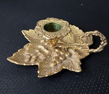 VTG Solid Brass Chamberstick Candle Holder Grape Leaf Cluster Design Loop Handle picture