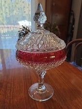 Vintage Indiana Glass Ruby Red Diamond Point Pedestal Covered Compote  picture