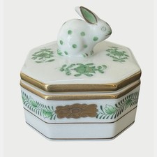 Herend Chinese Bouquet Green 6020 Rabbit Bunny Trinket Ring Box Hungary Vintage picture
