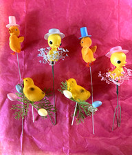 Flocked Florist Floral Planter Picks Easter Chicks Eggs Vtg Decorations 6pc picture