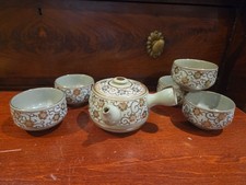 Vintage Japanese Kutani Shirochibu Tea Set Kyusu 5 Cups Gold Tessen Floral picture
