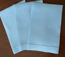 Lot o 3 NOS Vtg Irish Linen Hand Towels in Blue Hem Stitch Edge Blanks Embroider picture
