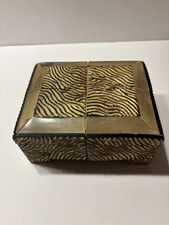 Handcrafted Wooden Keepsake Box Carved Texture Horn Brass Inlay Trinket Storage picture