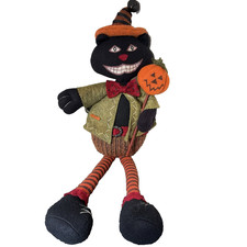 Halloween Primitive Grinning Black Cat Shelf Sitter Doll Folk Art Decor Plush picture