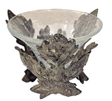 Vintage Crackle Glass Dish and Metal Leaf Holder/Potpourri or Candle Holder picture