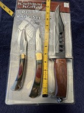 Kauffman Krafted 3pc Hunting Knife Set, Stainless Clip Point, Wood, Sheath picture