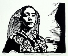 Tehuana Woman Traditional Lace Headdress Woodcut Print Handmade Mexican Folk Art picture