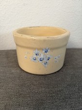 Vintage STONEWARE GLAZED CROCK 5” X 3” Unmarked Farmhouse Cream Hand Painted picture