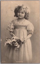 Vintage 1910s Greetings Postcard Little Girl w/ Flowers 