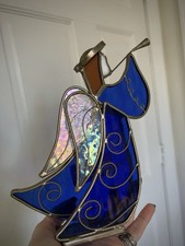 Handmade Stained Glass Angel Figurine Cobalt Blue Iridescent Wings Artisan 9inch picture