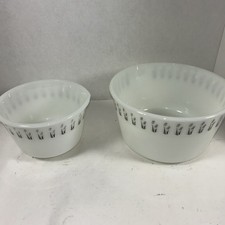 Hazel Atlas Milk Glass Mixing Bowls W/Pour Spout, Black Wheat Pattern, 9