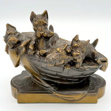 Vtg 1936 K&O Bronze Art Deco Scottish Terrier Dog Pups in Basket Statue/Bookend picture