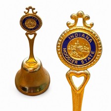 VTG Indiana Hoosier State Brass Souvenir Bell Heart Handle Blue Enamel Brass picture