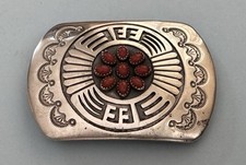 VTG Rare Red Coral Array Sterling Silver Native American Rosco Scott Belt Buckle picture