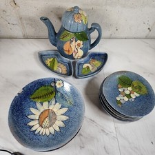 Vintage TLAQUEPAQUE Mexican COFFEE / TEA POT Art Deco Magical Plates Set picture