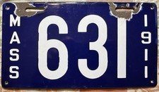 1911 Massachusetts Passenger Porcelain License Plate Tag MA # 631 Low Number picture
