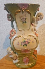 Vtg Mid Century Japan Porcelain Cherub Vase Hand Painted Floral Gold Trim 1950s picture