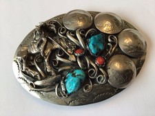 NATIVE AMERICAN HORSE BUFFALO NICKEL TURQUOISE & CORAL BELT BUCKLE picture