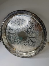 Silverplate Tray/ Scroll Etching Raised Rim Pierced Design 15.8” Vintage Classic picture
