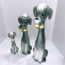 SET OF 3 MCM Tall Grey Ceramic Poodle Schnauzer Dog Japan Long Neck yellow Bow picture