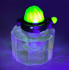 Victorian Ink Well Brass & Green Uranium Cut Glass Antique w Hinged Lid Inkwell picture