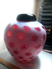 Vintage FENTON cranberry opalescent coin dot ginger jar w/ black glass lid HTF picture