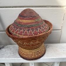 Vintage Ethiopian Harari Muday Coiled Basket Conical Lid Leather Trim Footed 8