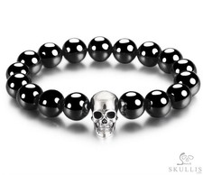 925 Sterling Silver Hand Carved Skull & Black obsidian Bracelet picture