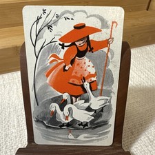 Vintage Linen NOS Art Deco Single Swap Playing Card- Girl/Goose/Orange picture
