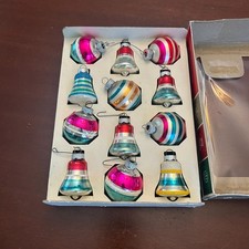 Vtg 40s Shiny Brite Set 12 Glass Ornaments Striped Balls Bells Ribbed Metal Tops picture
