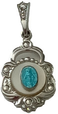 Vtg THEDA Sterling Silver Blue Enamel Marcasite MOP Virgin Mary Medal Pendant 1