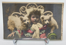 Vtg c. 1907 RPPC Young Girl Child 2 Dogs Weltpostverein, Union postale Postcard picture