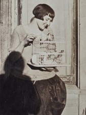 Original Vintage 1920s Snapshot Photo Woman with Birdcage & Bird 