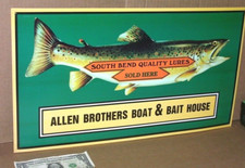 Fish Lures SOUTH BEND QUALITY -- Boat & Bait House -- BEAUTIFUL -- Embossed Sign picture