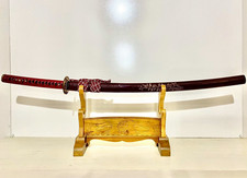 Japanese Katana Damascus Steel Blade Red Leather Handle Full Tang picture