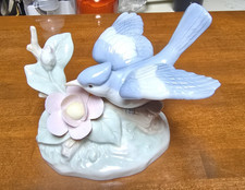 Porcelain Bird Figurine with Flowers, Glossy Finish, Blue White Pink picture